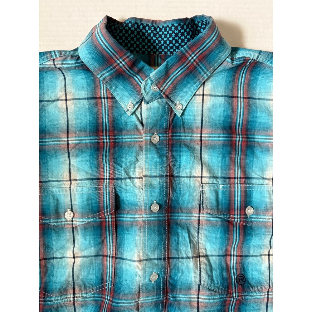 ROPER - Men's Blue Plaid Long Sleeve Button Up Western Shirt - Size Large